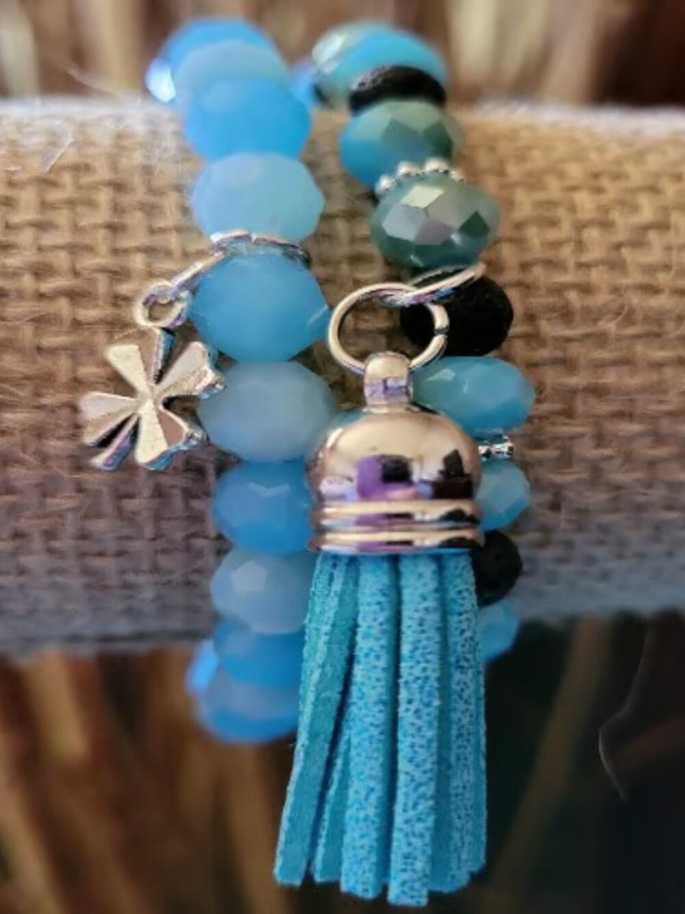 Sky Blue Green Beaded Charm Bracelet